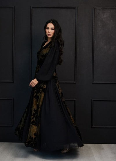 Gilded Flora Abaya - Obsidian Black