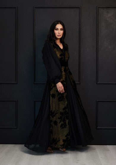 Gilded Flora Abaya - Obsidian Black