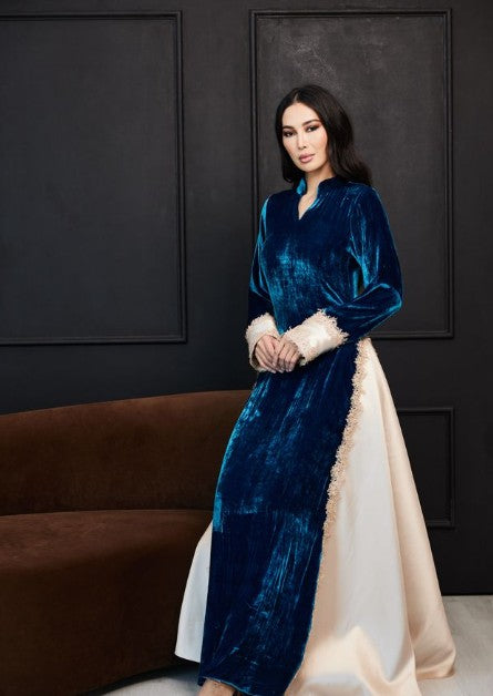 Sapphire Silk Abaya - Deep Teal & Champagne